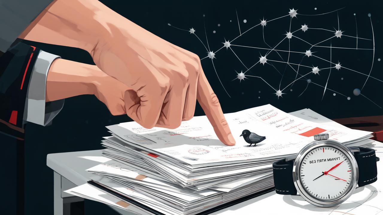 Стилизованная графика: руки разбирают документы со спрятанным символом скрытой информации, рядом часы с красной стрелкой и схематичное созвездие на заднем плане.